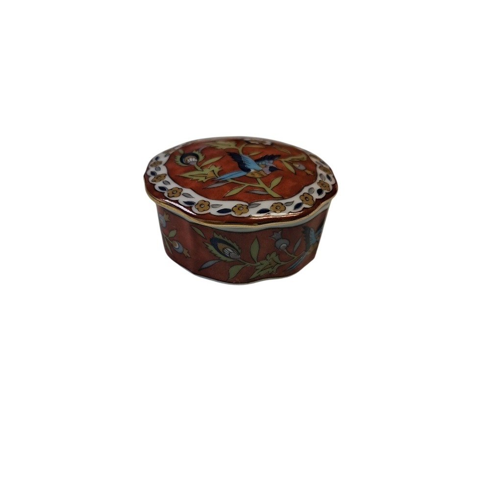 Vintage TAKAHASHI Silk Road 1983 Porcelain Hand Painted Bird Flowers Trinket Box